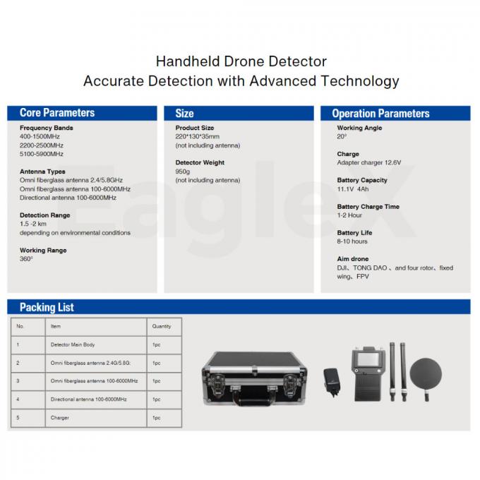 Χειροκίνητος 3000 μέτρα FPV DJI Drone Detector 400MHz 2.4GHz 5.2G 5.8G Φορητή ανίχνευση 0